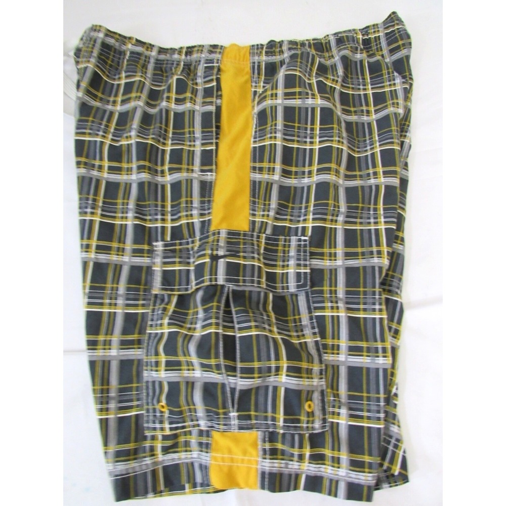 NIKE The Athletic Dept Black Yellow Plaid Men's Swim Cargo Pocket Trunks Sz L-XL